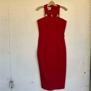Vintage 80s / 90s bodycon ankle length red dress with gold heart detailing